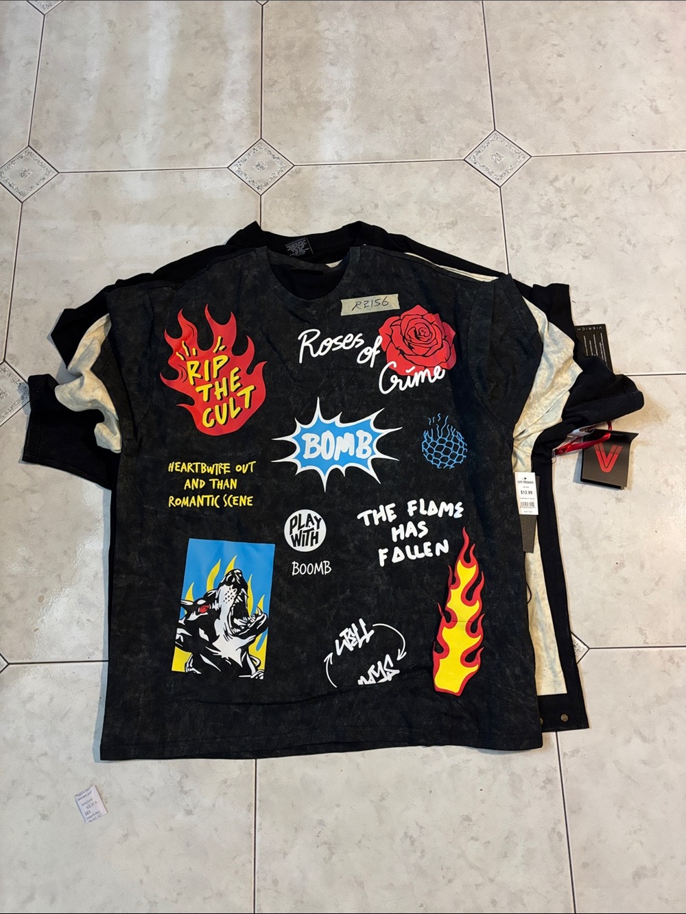 Black Graphic Short Sleeve Tee with Red Rose & Flame Prints